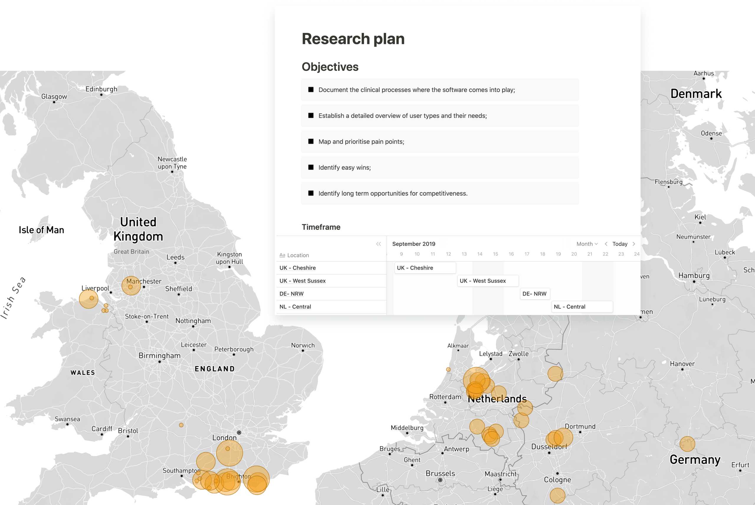 Carte de la France et de l'Allemagne avec les lieux de recherche des utilisateurs mis en évidence