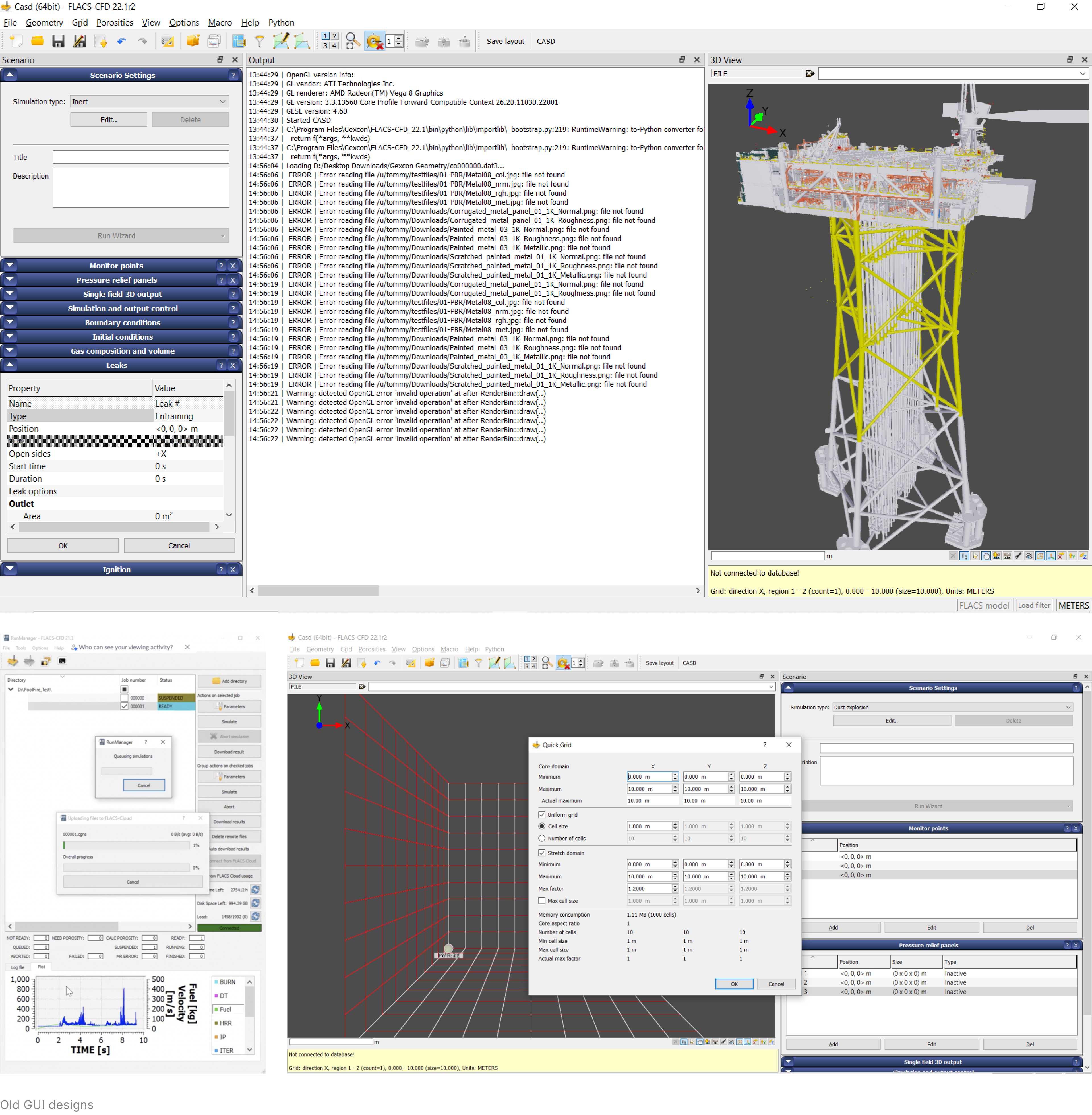Captures d'écran d'une ancienne interface utilisateur d'un logiciel de simulation CFD.