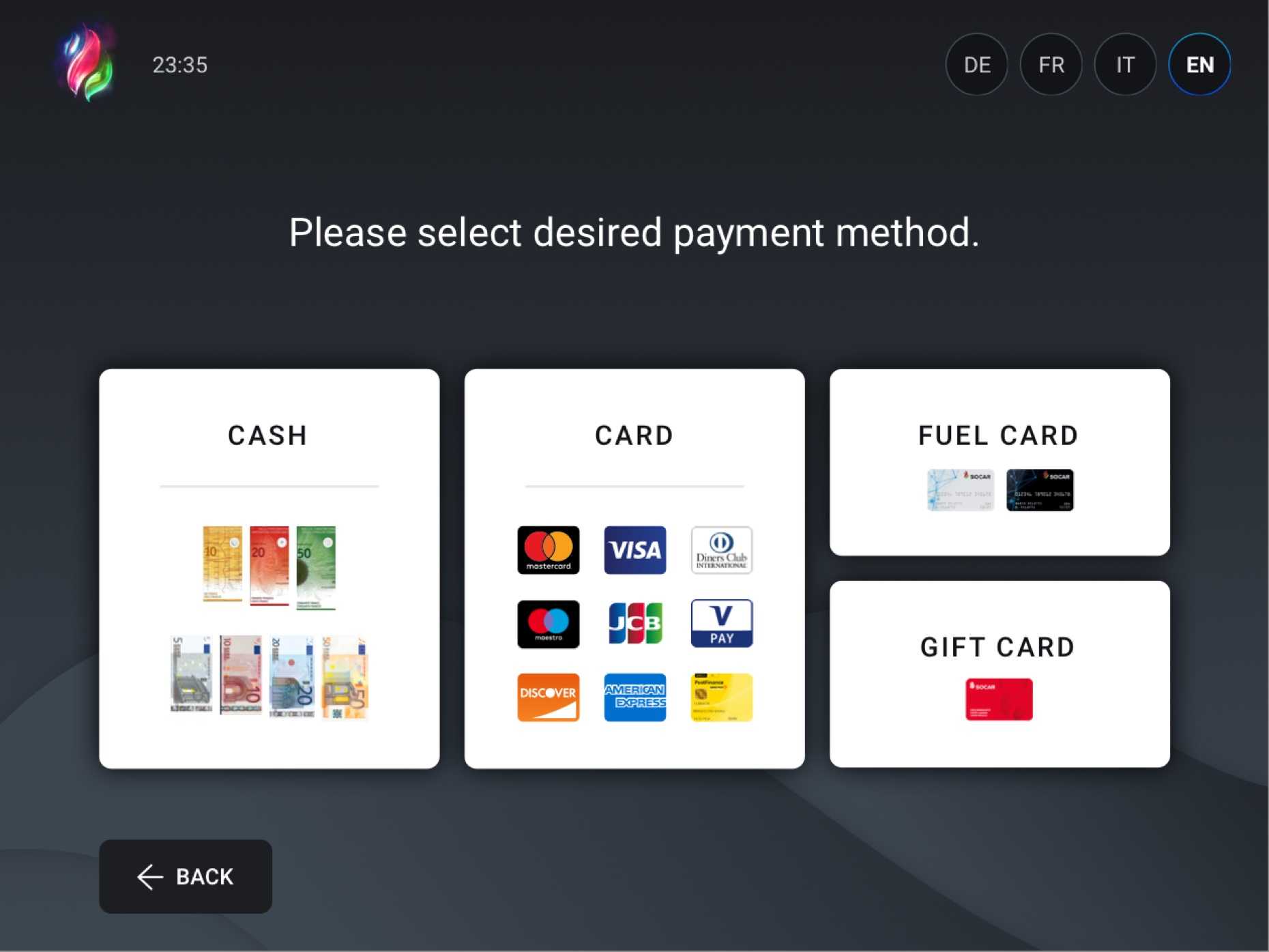 Design UI pour un système embarqué dans lequel les utilisateurs sélectionnent la méthode de paiement dans le cadre de l'expérience de self checkout