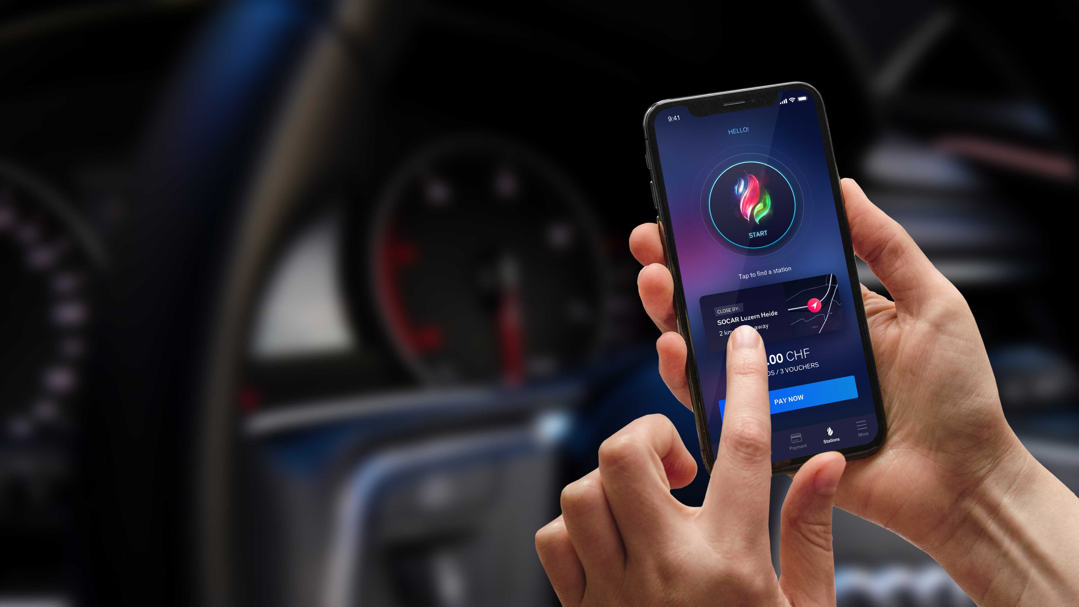 Design de l'expérience utilisateur d'une application mobile pour une station-service avec le tableau de bord d'une voiture en arrière-plan
