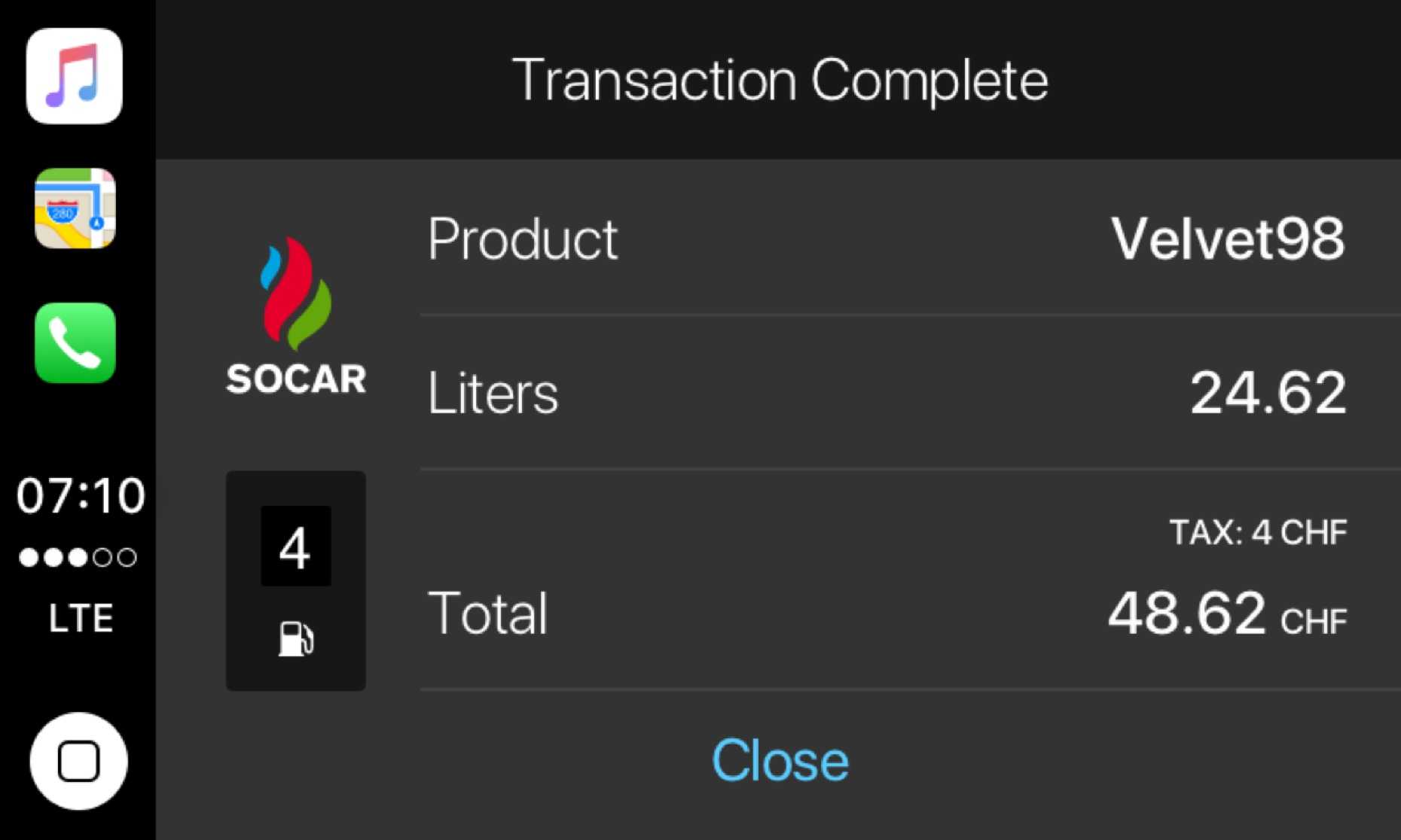 Design UI pour l'écran de réussite de la transaction dans l'application Car Play de la station-service