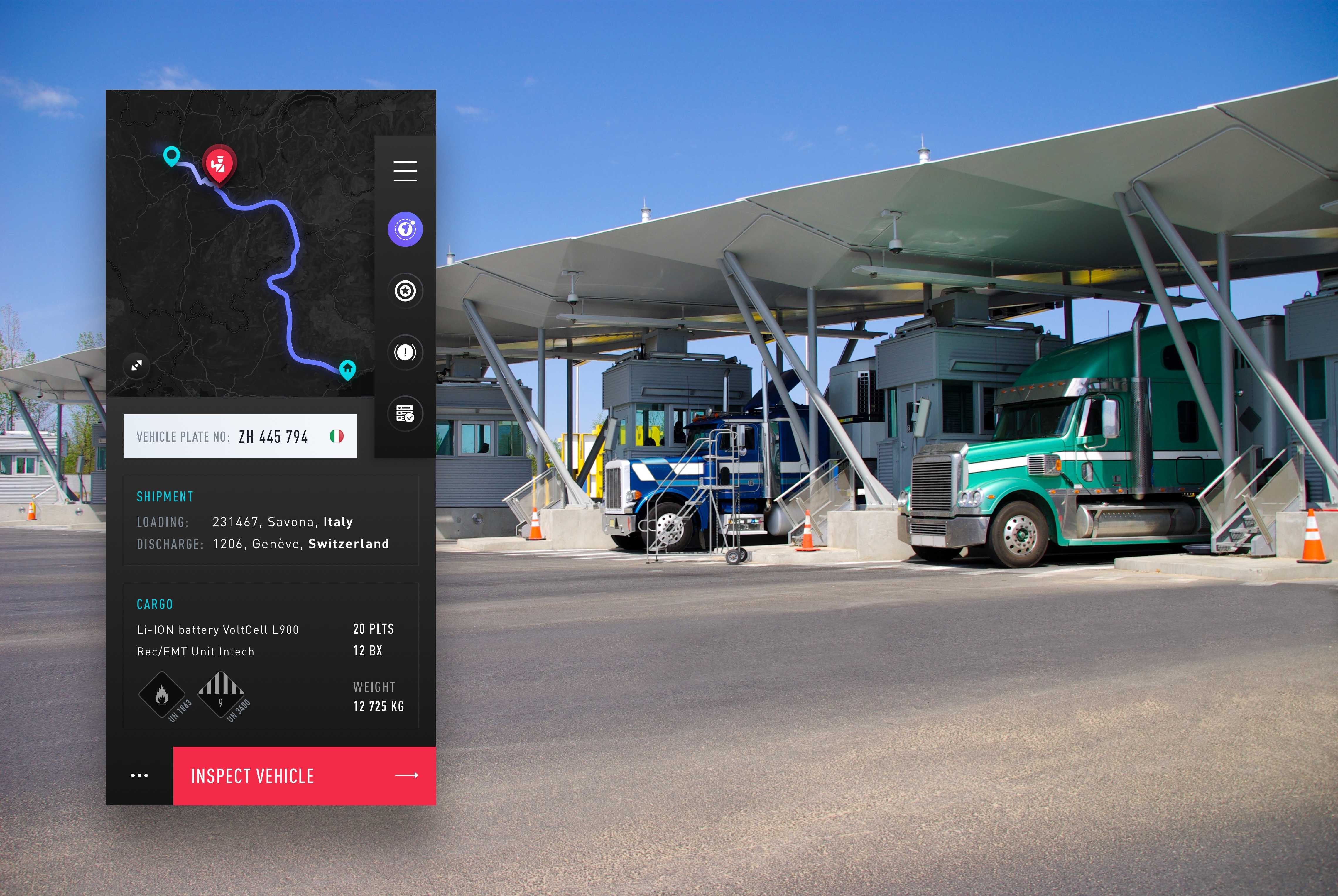 Design UI d'une application de renseignement au poste frontière avec des camions en attente en arrière-plan